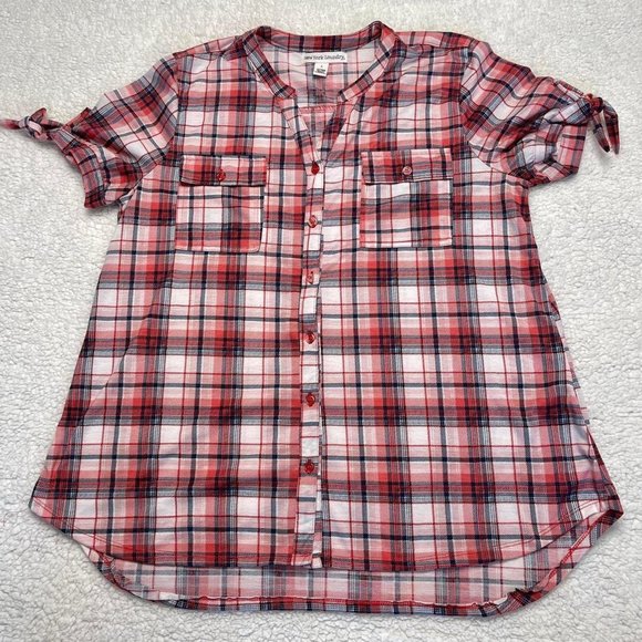short tie sleeve plaid button up shirt new york laundry sz large - Picture 1 of 4